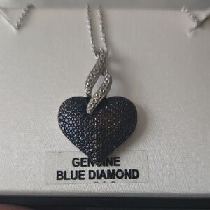 Blue and Silver Heart Pendant Necklace with Genuine Diamonds